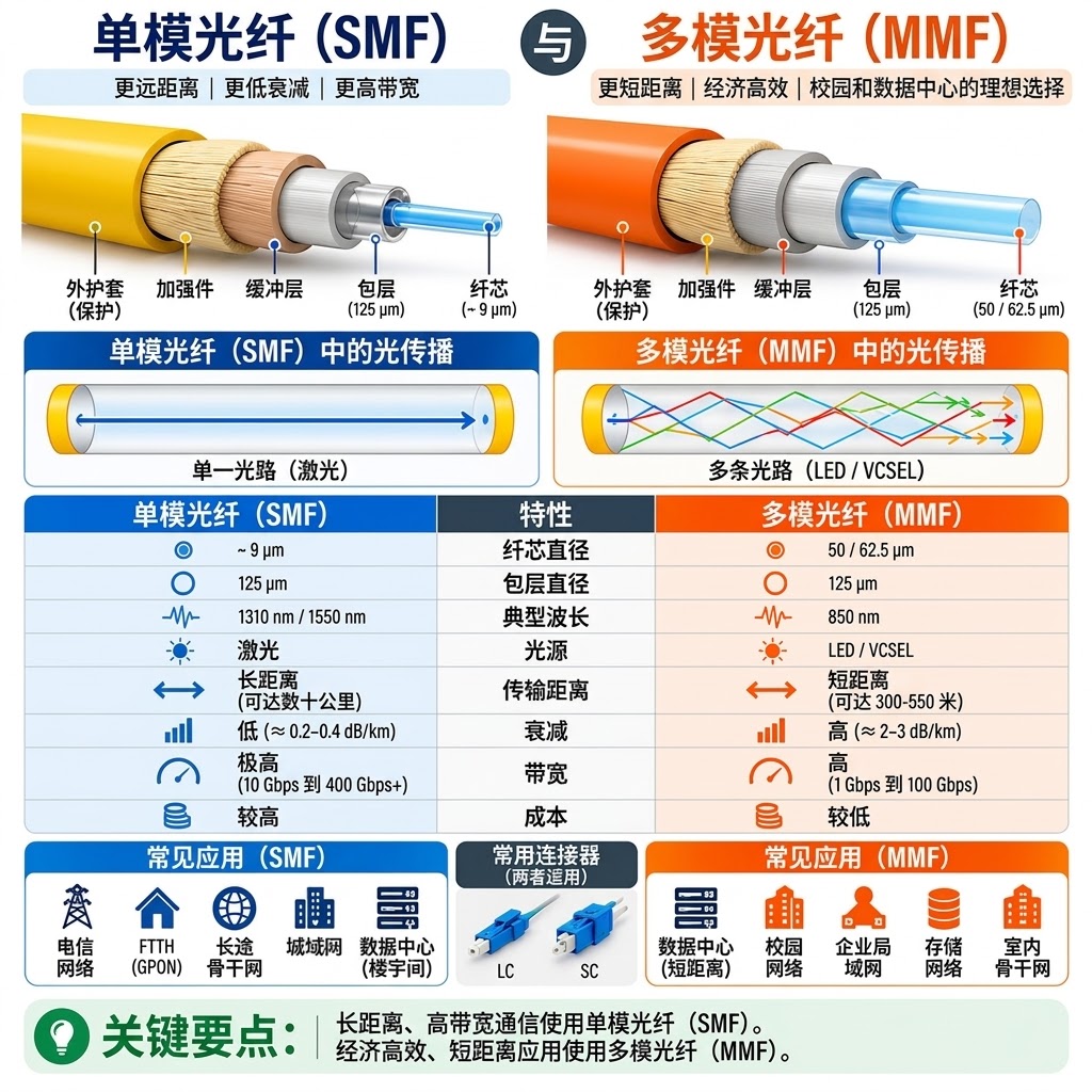 网络通讯-单模光纤 (SMF) VS 多模光纤 (MMF) —— 它们之间有什么区别(1)